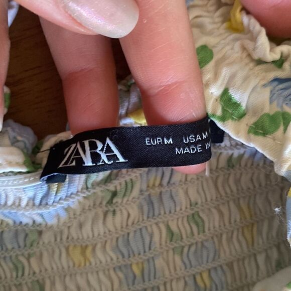 Zara Ivory Yellow Blue Floral Smocked Ruffle Printed Satin Mini Dress Size M - Picture 11 of 11